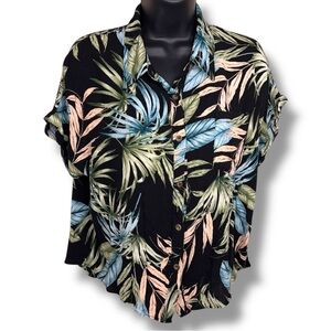Large Moa Moa Tropical Short Sleeve Stretch Top Hawaiian Womens Button Front